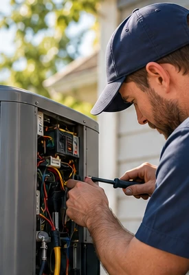 Technician working on an outdoor air conditioning unit