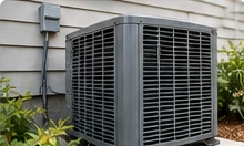 Outdoor air conditioning condenser beside a house